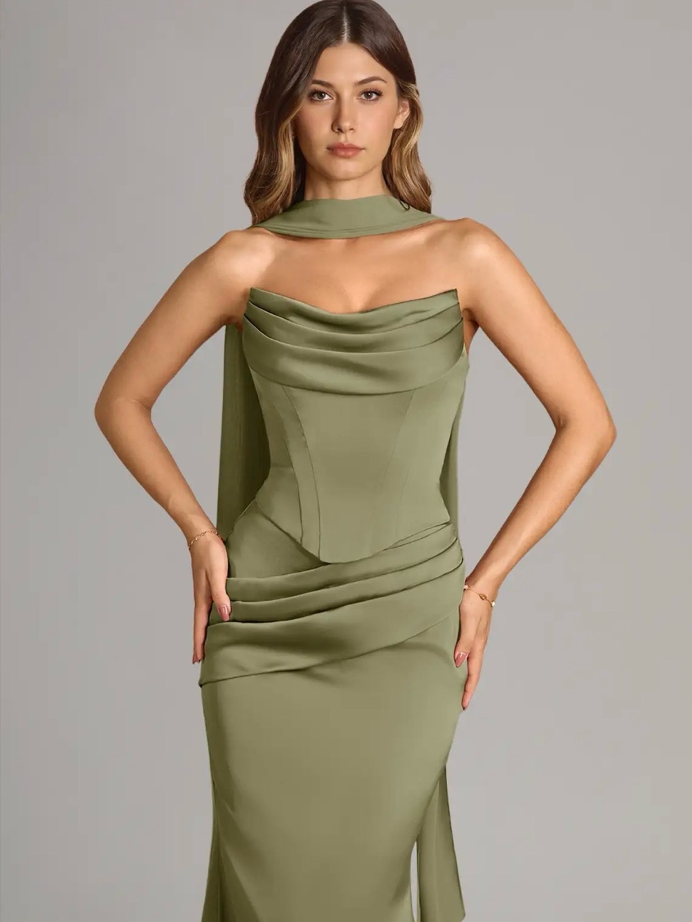 Olive Green Draped Satin Evening Gown - Picture 4 of 6